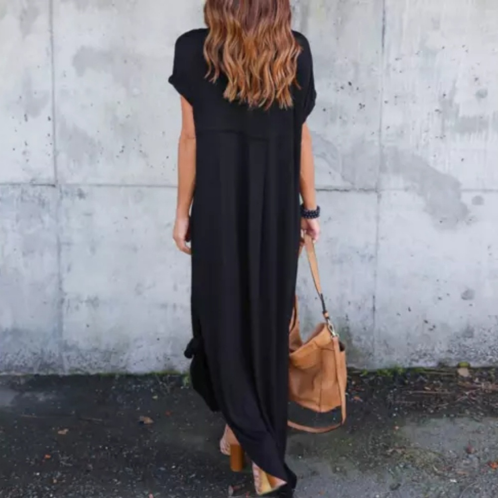 V-neck Short Sleeve Maxi Dress Side Pockets Slit - Picture 2 of 6